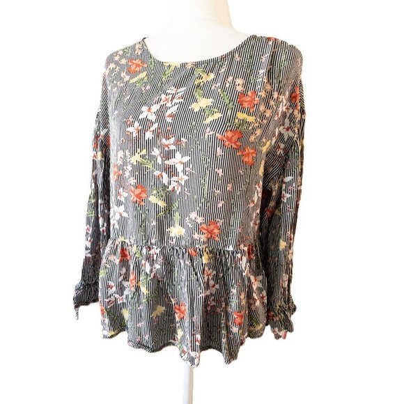 Pleione Tops - Pleione Floral Striped Long-Sleeve Peplum Blouse With Keyhole Back Detail SZ M